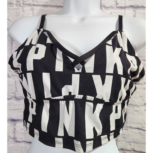 Victoria's Secret Pink Black White Ultimate Strappy Logo Sports Top Bra Large - Picture 1 of 5